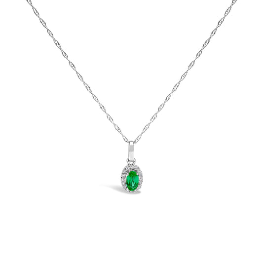 10K White Gold 5x3mm Green Emerald and Diamond Accent Halo Oval Shape 18" Pendant Necklace (I-J Color, I1-I2 Clarity) Bids.com