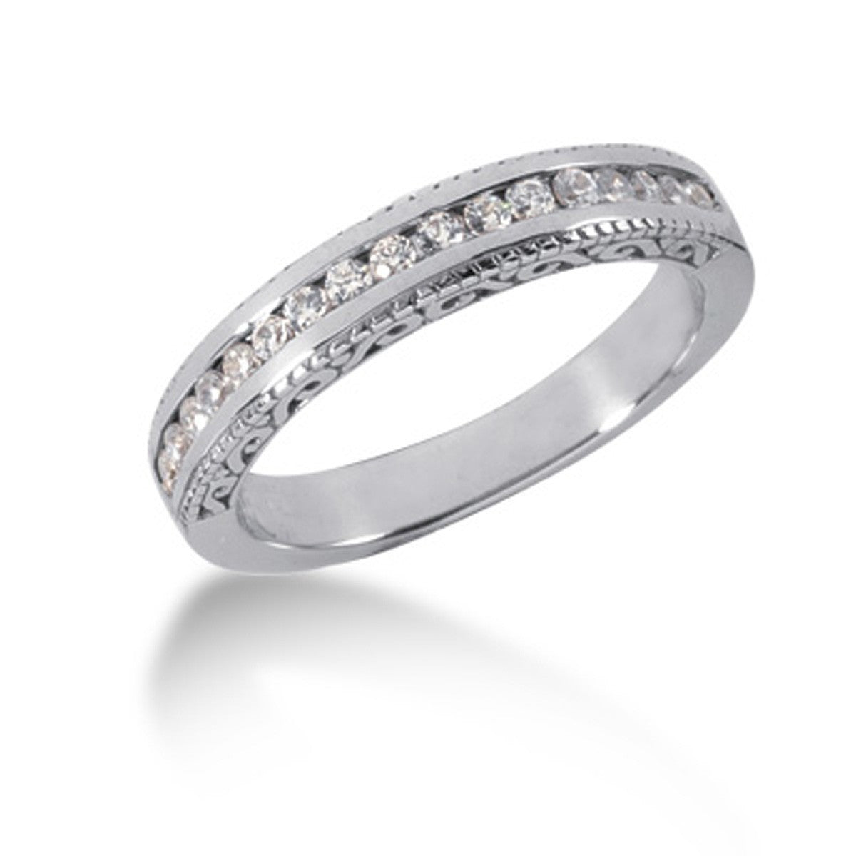 14k White Gold Vintage Style Engraved Diamond Channel Set Wedding Ring Band Bids.com