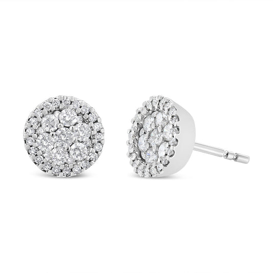 14K White Gold 1.0 Cttw Brilliant-Cut Diamond Halo-Style Cluster Round Button Stud Earrings (H-I Color, I1-I2 Clarity) Bids.com