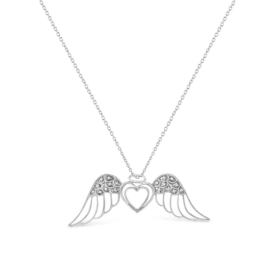 .925 Sterling Silver Pave-Set Diamond Accent Angel Wing 18" Double Heart Pendant Necklace (I-J Color, I1-I2 Clarity) Bids.com