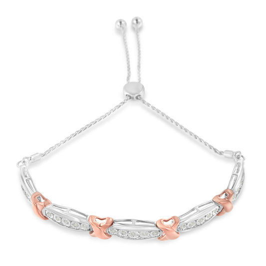 .925 Sterling Silver 1/4 Cttw Round-Cut Diamond X & Tapered Bar Miracle-Set Bolo Bracelet (I-J Color, I3 Clarity) - Two Tone Rose Gold & Silver Bids.com