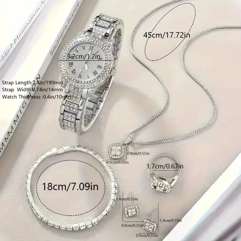 6-Pieces: Elegant Women's Jewelry Set with Quartz Roman Numerals Watch DailySale