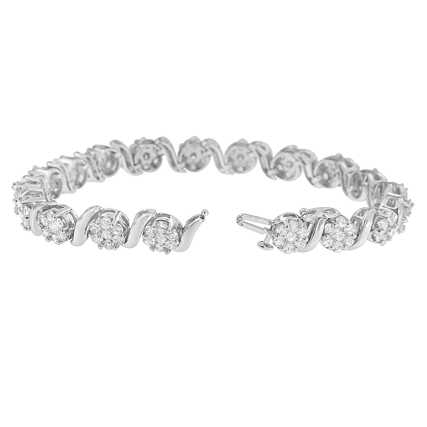 14K White Gold 7 3/8 Cttw Round Brilliant Diamond Floral Cluster and S Link Bracelet (H-I Color, SI2-I1 Clarity) - 7" Inches Bids.com