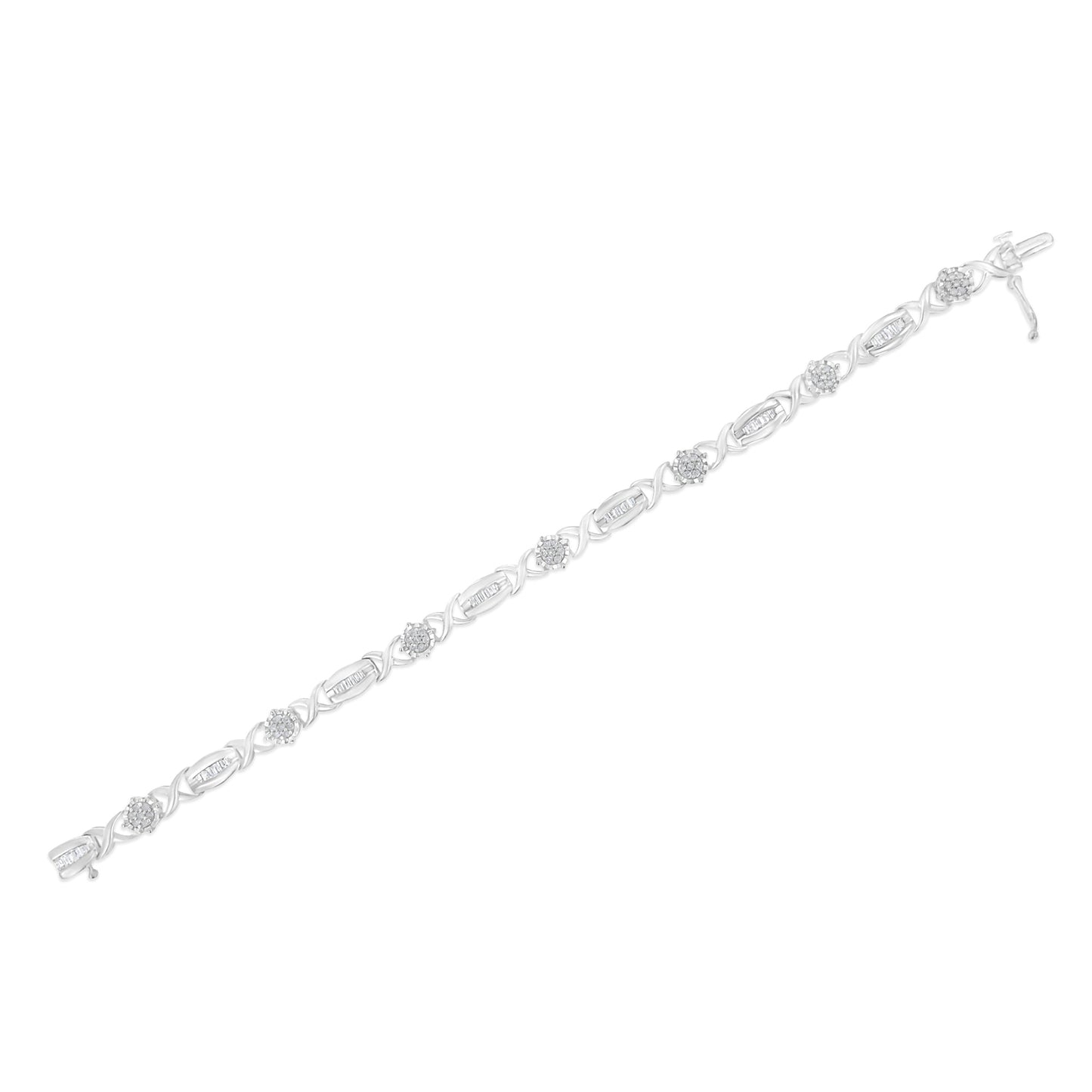.925 Sterling Silver 1.0 Cttw Round-Cut and Baguette-Cut Diamond X-Link Bracelet (I-J Color, I1-I2 Clarity) - 7" Bids.com