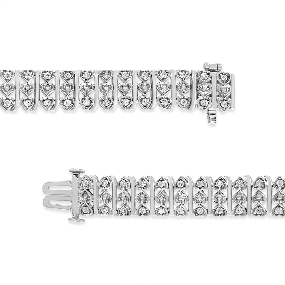 .925 Sterling Silver 1.00 Cttw Diamond Multi Row Heart Link Bracelet (H-I Color, I1-I2 Clarity) - 7.25" Inches Bids.com