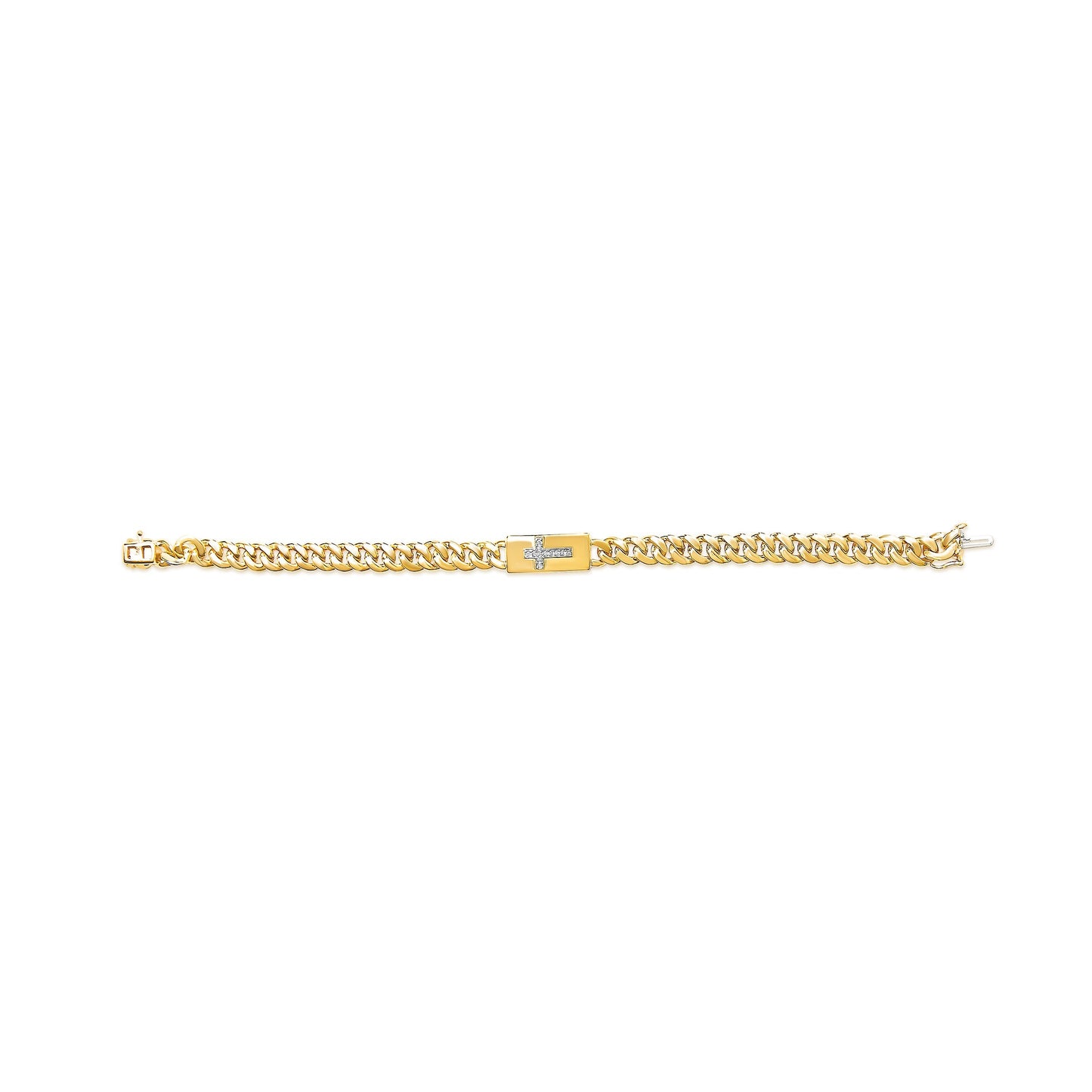 14K Yellow Gold Plated .925 Sterling Silver Diamond Accent Inlaid Cross Cuban Link Bracelet (I-J Color, I3 Clarity)- 7.25" Bids.com