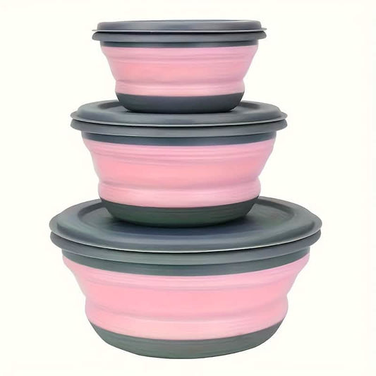 3 Foldable Silicone Camping Bowls with Lids – Blue & Pink DailySale