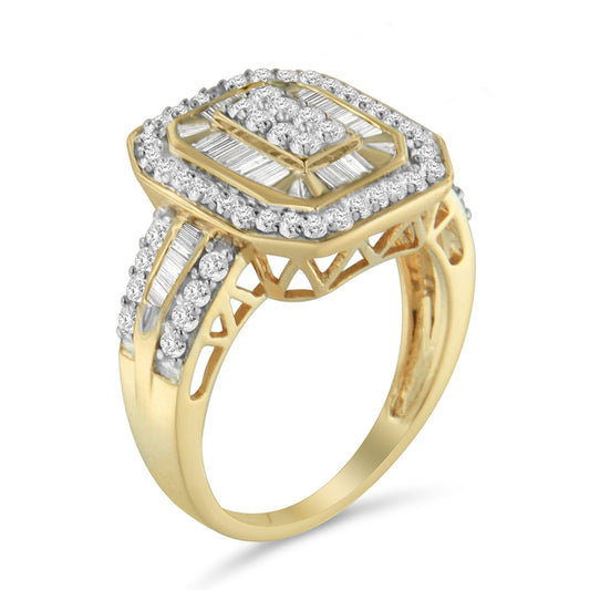 10K Yellow Gold 1.0 Cttw Diamond Vintage Inspired Baguette-Cut Double Halo Emerald-Shaped Frame Cocktail Ring (I-J Color, I1-I2 Clarity) - Size 6-1/2 Bids.com