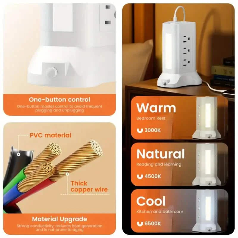 14-in-1 Power Strip Tower with 4 USB Ports & 9 AC Outlets, 10ft Extension Cable, Adjustable 3-Color Night Light DailySale