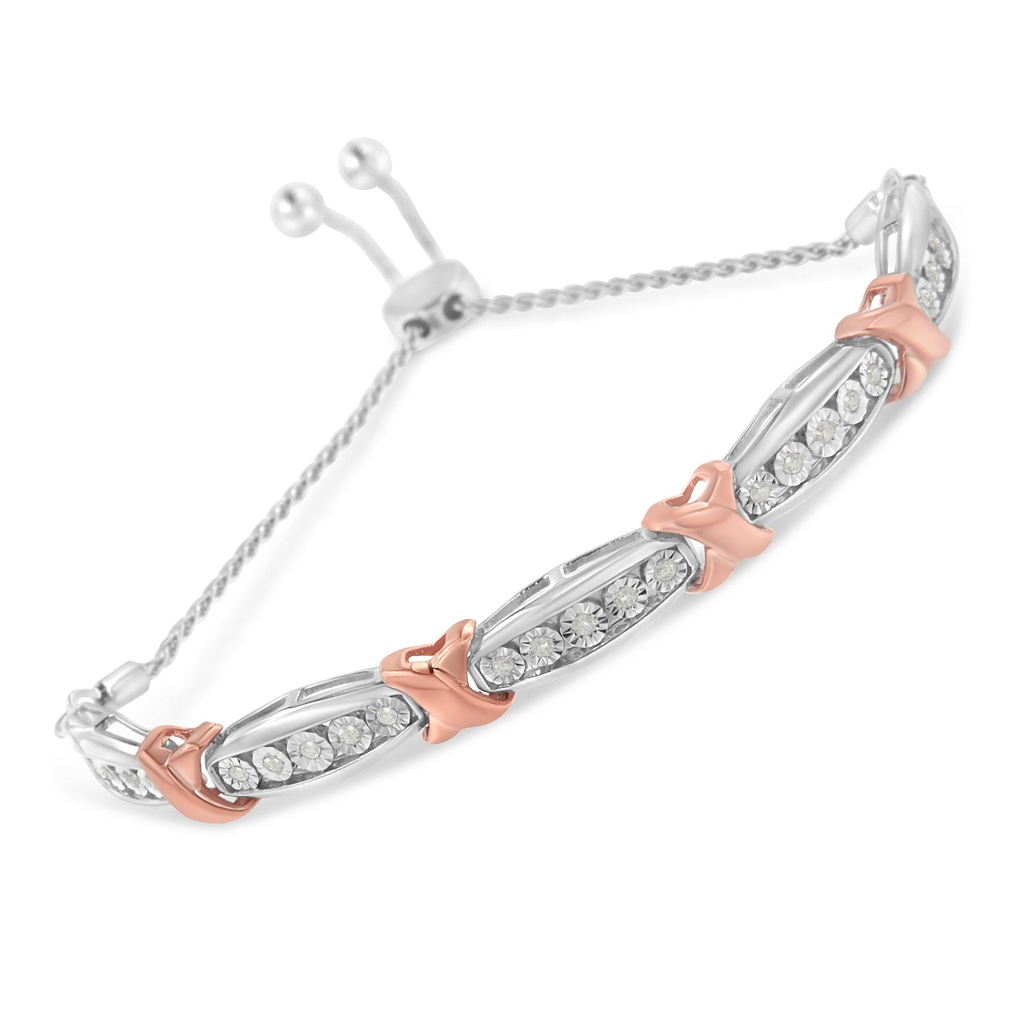 .925 Sterling Silver 1/4 Cttw Round-Cut Diamond X & Tapered Bar Miracle-Set Bolo Bracelet (I-J Color, I3 Clarity) - Two Tone Rose Gold & Silver Bids.com