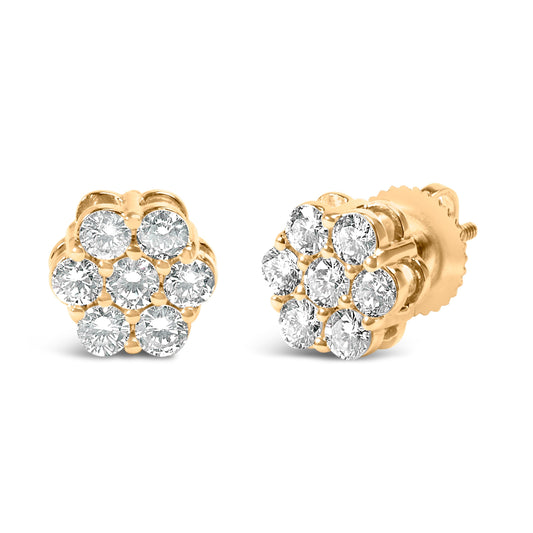 14K Yellow Gold 3/4 Cttw 7 Stone Floral Cluster Round Brilliant Cut Diamond Stud Earrings with Screw Backs (I-J Color, SI2-I1 Clarity) Bids.com