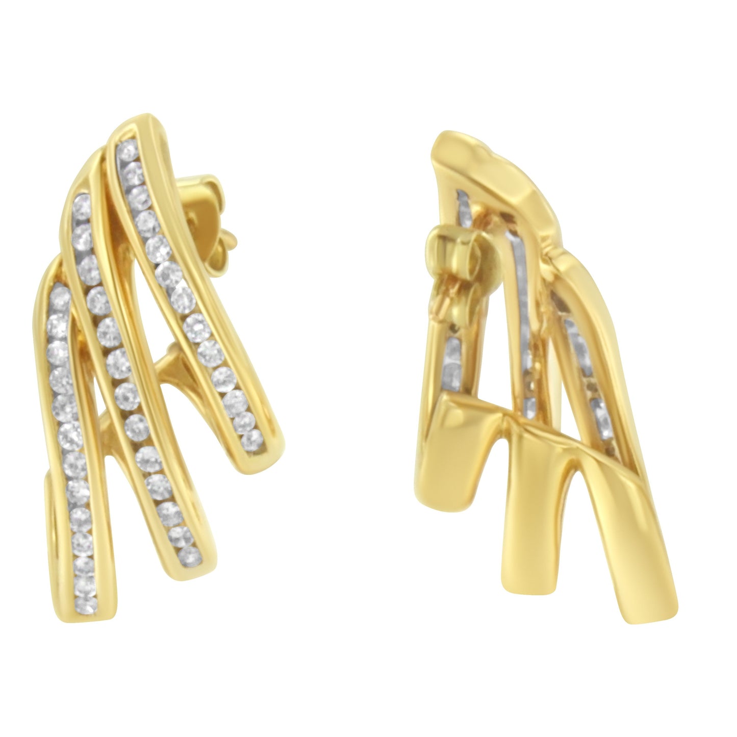 10K Yellow Gold 1.0 Cttw Round Brilliant Cut Diamond Spiral Multi Row Channel Set Open Hoop Pushback Stud Earrings (H-I Color, I1-I2 Clarity) Bids.com