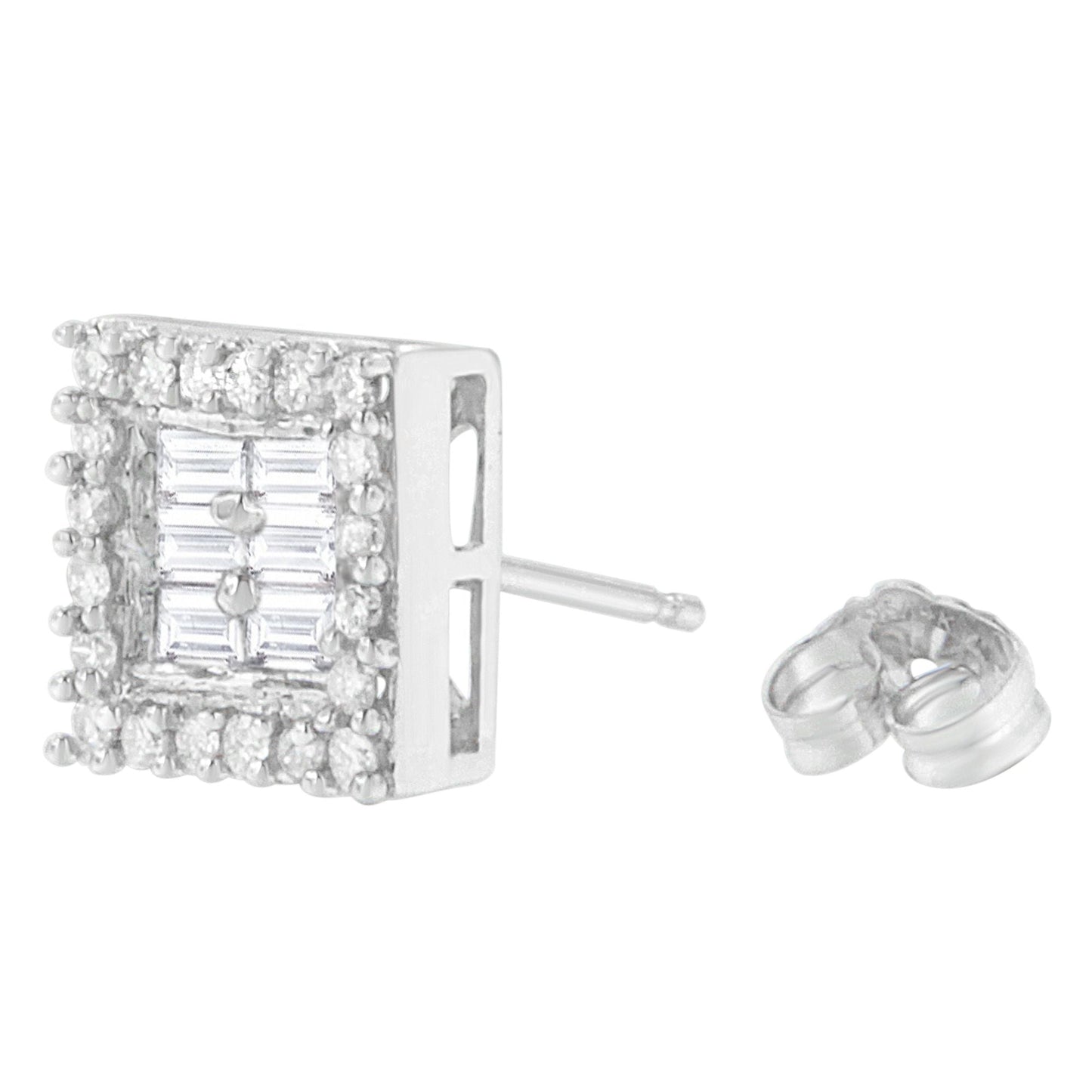 14K White Gold 1 cttw Round and Baguette Diamond Stud Earrings (H-I, SI1-SI2) Bids.com
