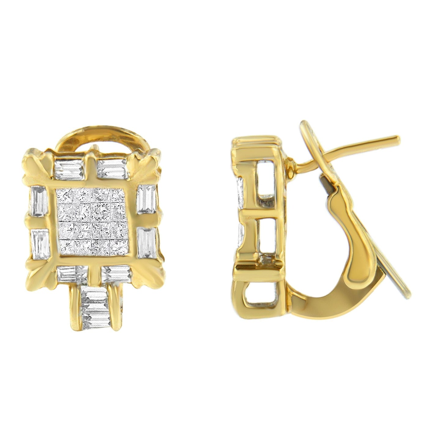 14K Yellow Gold 7/8 Cttw Princess and Baguette-Cut Diamond Square Framed Huggie Hoop Omega Earrings (H-I Color, SI1-SI2 Clarity) Bids.com