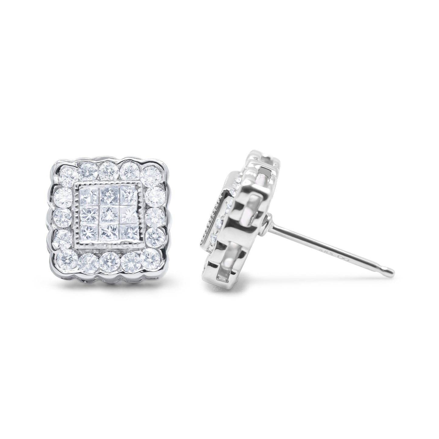 14K White Gold 1.0 Cttw Round Brilliant & Princess Cut Diamond Scallop-Edge Framed Square Halo Stud Earrings (G-H Color, SI1-SI2 Clarity) Bids.com