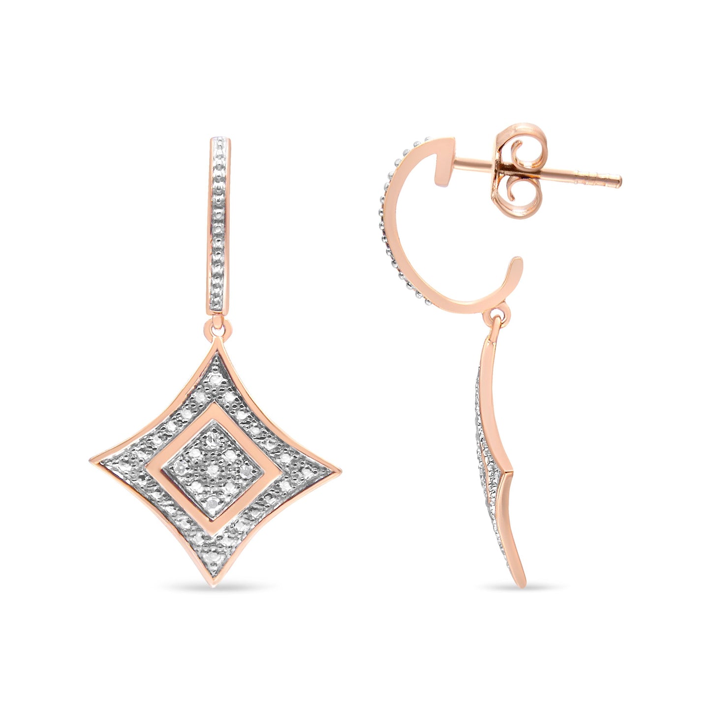 10K Rose Gold Plated Sterling Silver Round Cut Diamond Cushion Dangle Earrings (0.04 cttw, H-I Color, I2-I3 Clarity) Bids.com