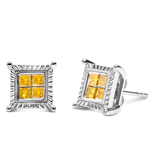.925 Sterling Silver 1/2 Cttw Yellow Princess Diamond Quad Stud Earring Bids.com