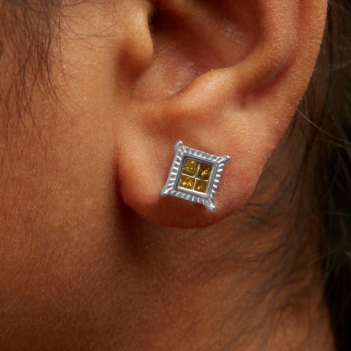 .925 Sterling Silver 1/2 Cttw Yellow Princess Diamond Quad Stud Earring Bids.com