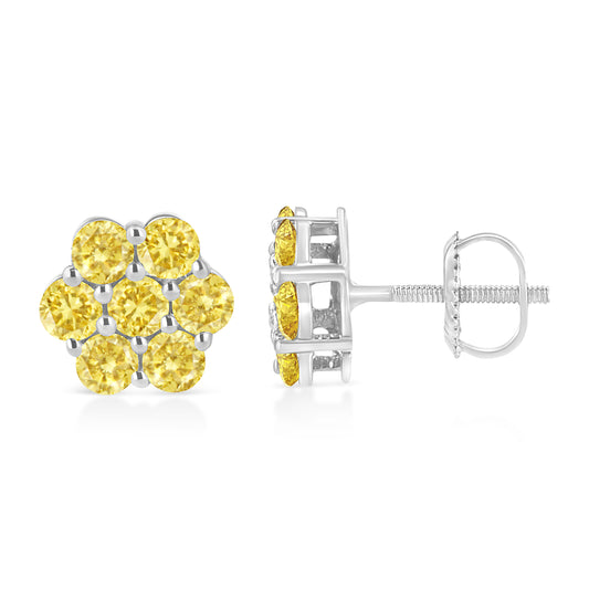 .925 Sterling Silver 1/4 Cttw Treated Yellow Diamond Floral Stud Earrings (Yellow Color, I1-I2 Clarity) Bids.com