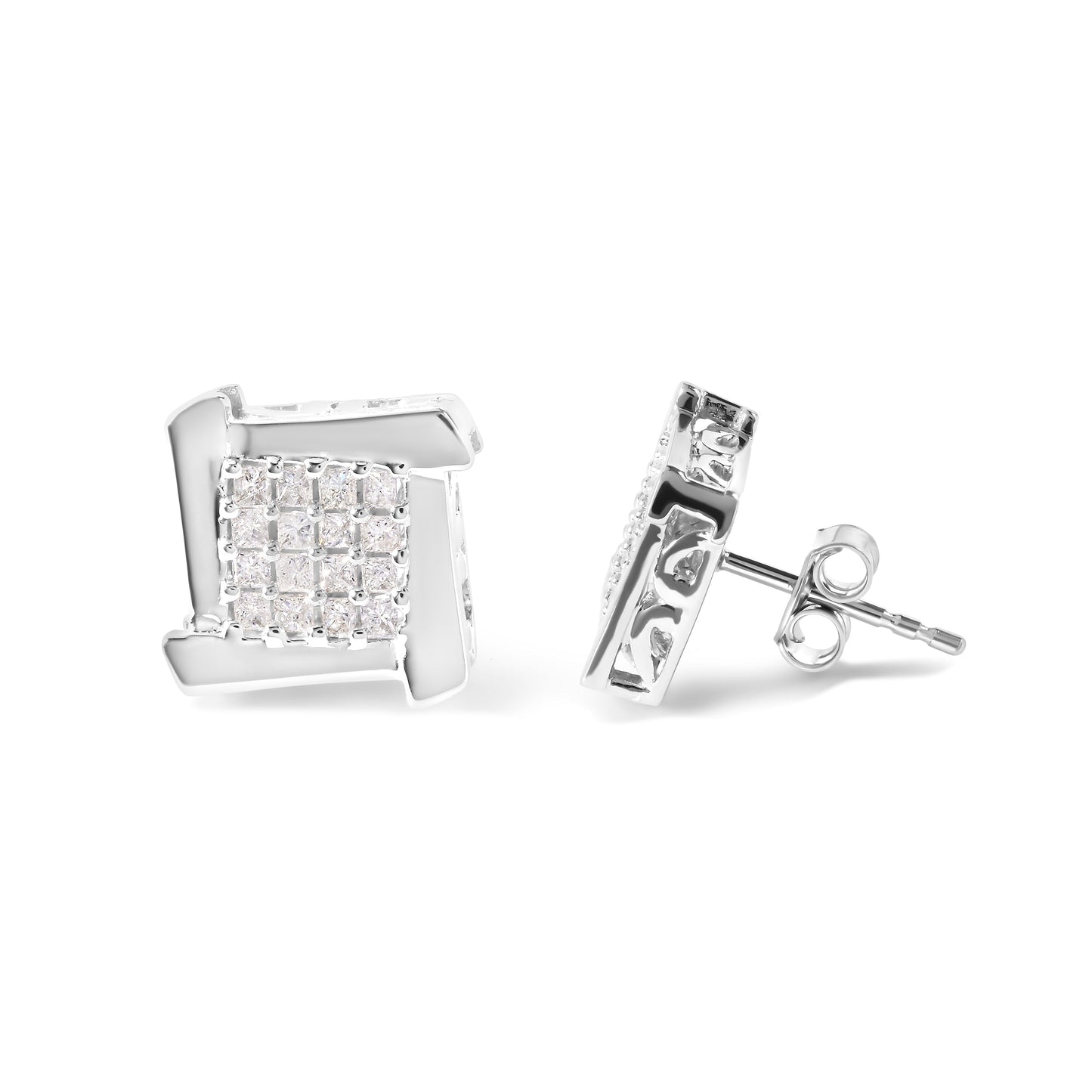 10K White Gold 1/2 Cttw Composite Princess Diamond Square and Swirl Stud Earrings (I-J Color, I1-I2 Clarity) Bids.com