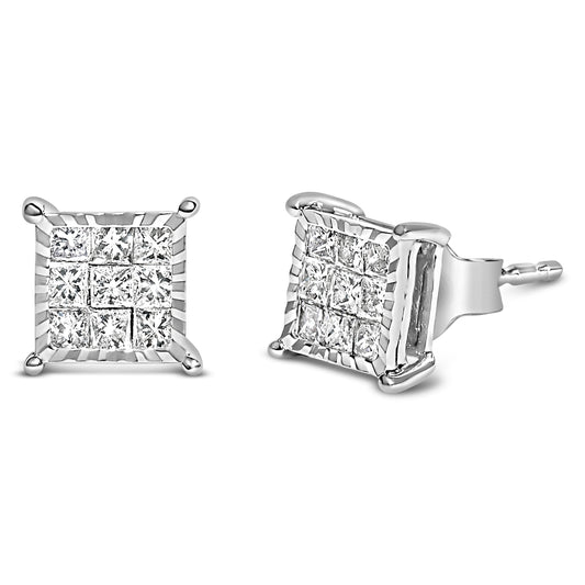 Sterling Silver 1/2 Cttw Princess Diamond Composite Square Stud Earrings Bids.com