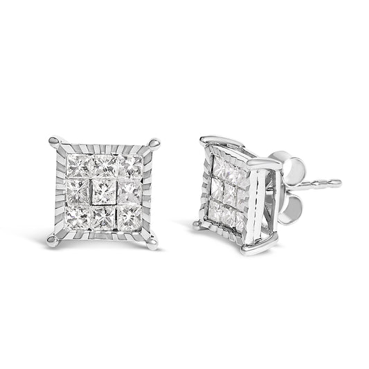 Sterling Silver 1.0 Cttw Princess Diamond Composite Square Stud Earrings Bids.com