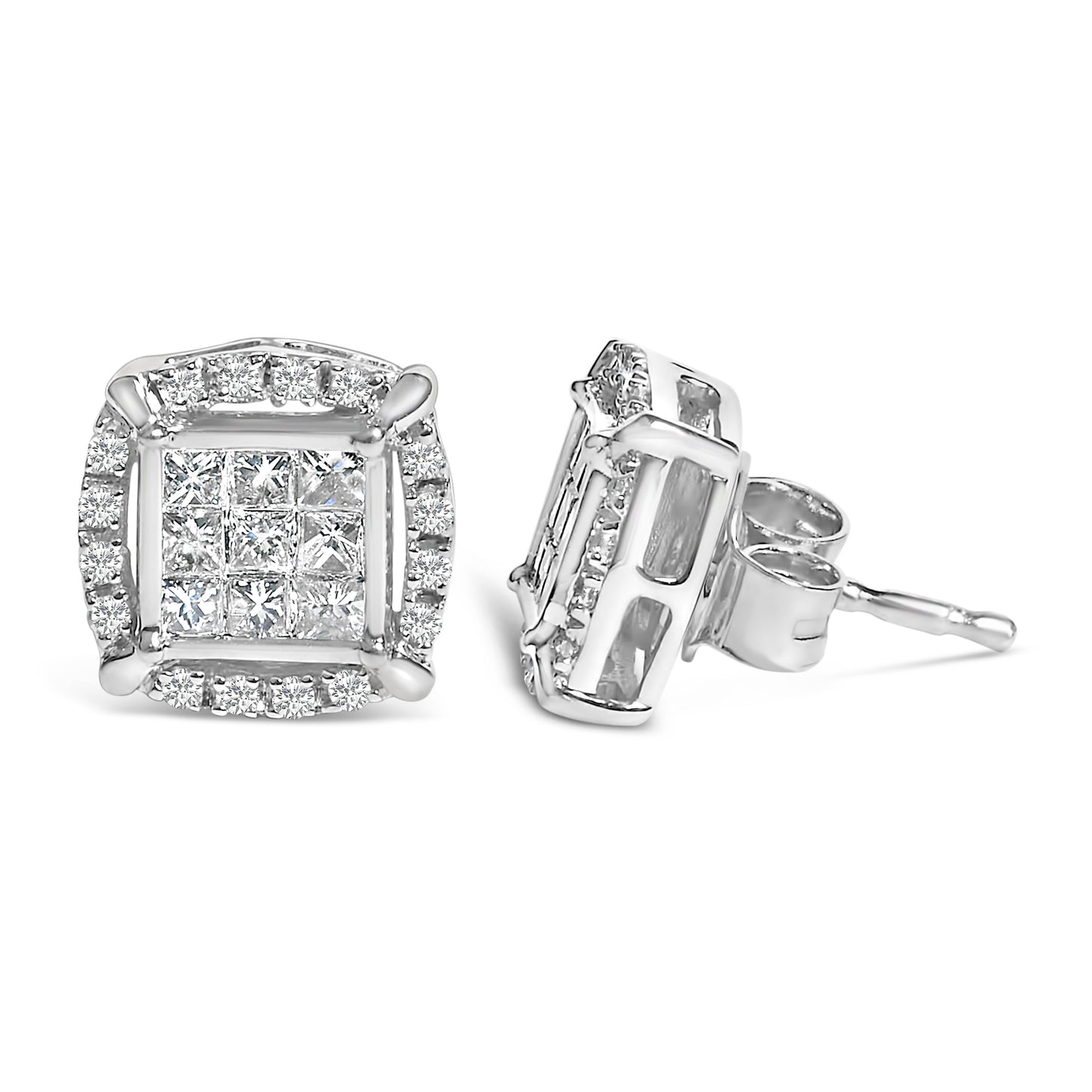 Sterling Silver 1/2 Cttw Princess Cut Diamond Composite and Halo Stud Earrings Bids.com