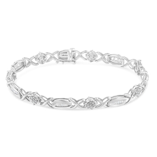 .925 Sterling Silver 1.0 Cttw Round-Cut and Baguette-Cut Diamond X-Link Bracelet (I-J Color, I1-I2 Clarity) - 7" Bids.com