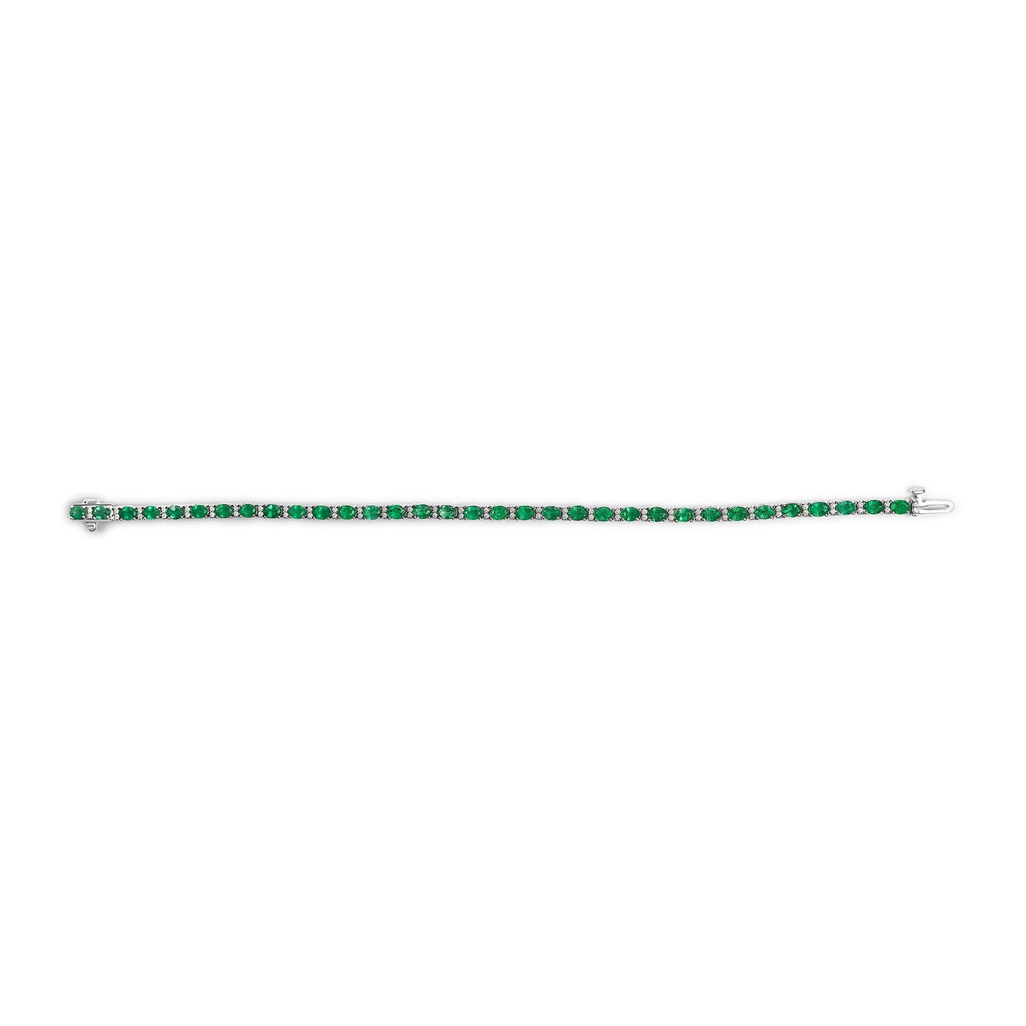 14K White Gold Alternating Oval Green Emerald and Diamond Tennis Bracelet Bids.com