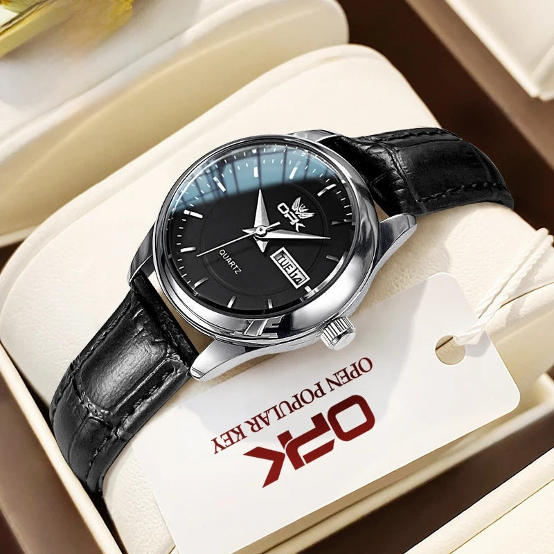 Women's Leather Strap Quartz Watch Silver Case Dual Day BandsCo Straps