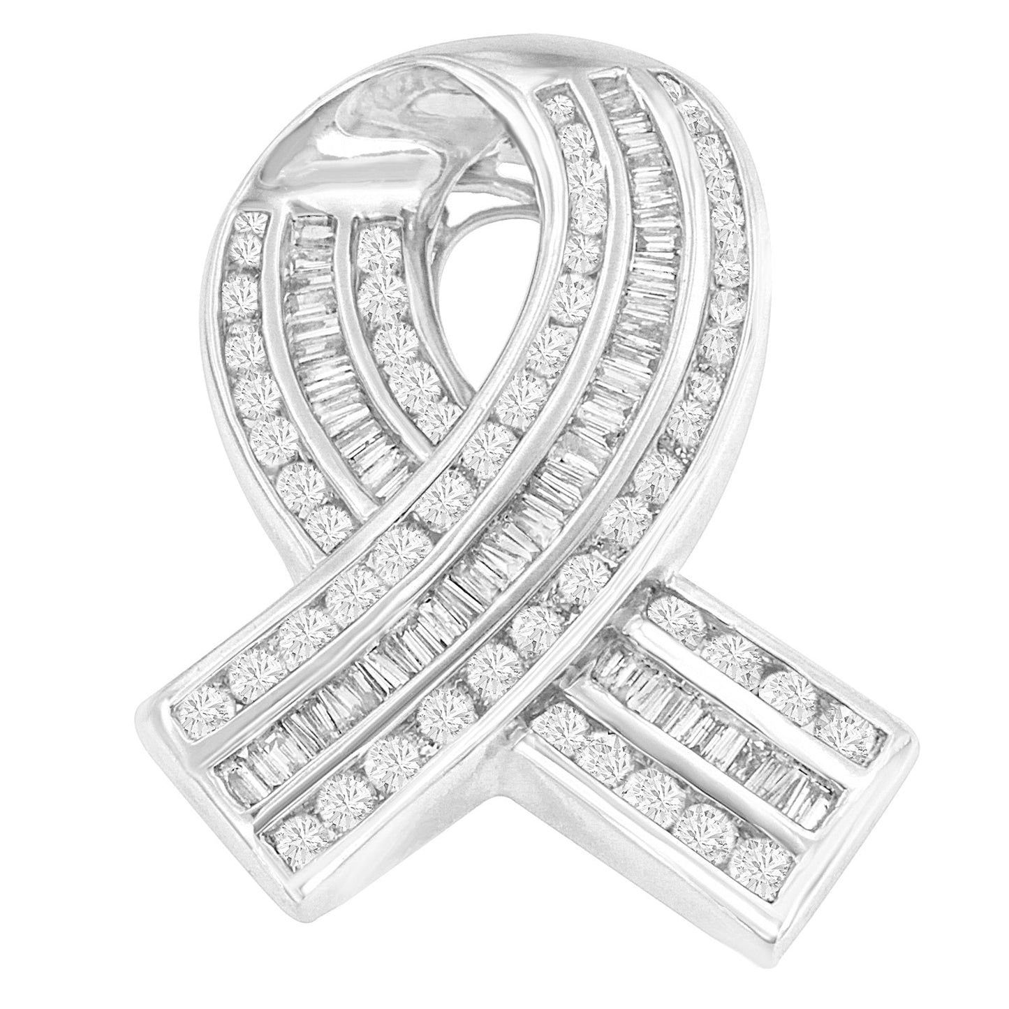 14K White Gold 2 5/8 Cttw Channel Set Round and Baguette Diamond Awareness Ribbon Pendant (H-I Color, I1-I2 Clarity) - Chain Not Included Bids.com