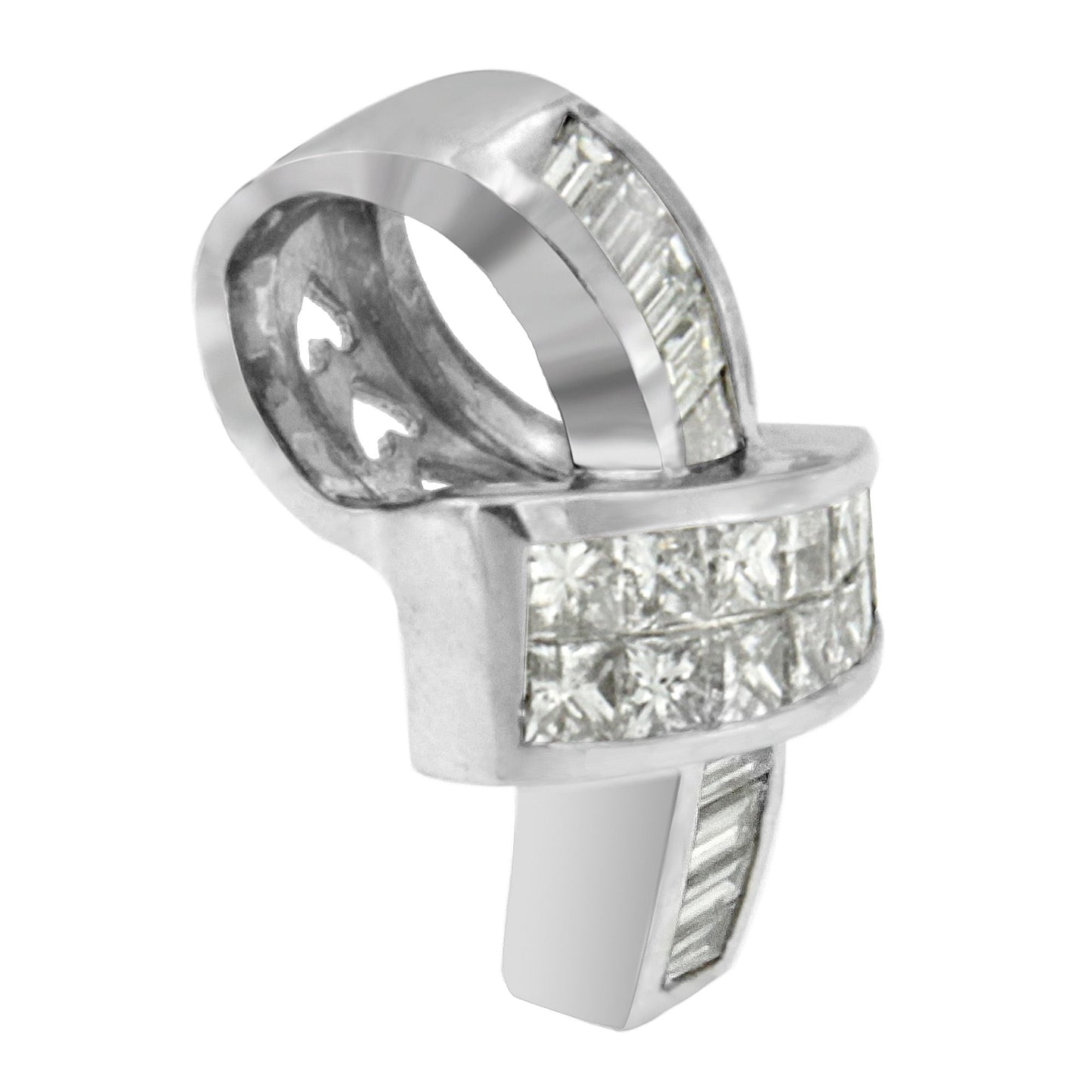 14K White Gold 2 cttw Princess and Baguette Cut Diamond Ribbon Pendant Necklace (H-I, SI-SI2) Bids.com