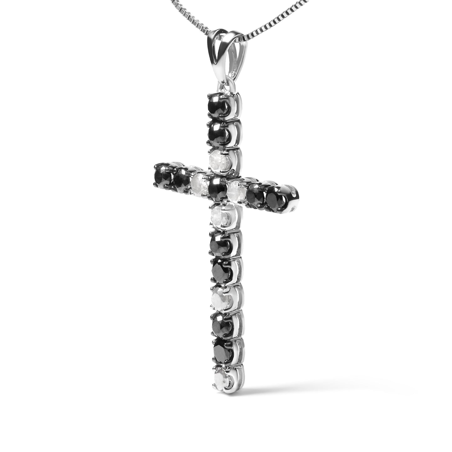 .925 Sterling Silver 2.0 Cttw Prong Set Round Natural Treated Black and White Diamond Cross Pendant Necklace - 18" (Black/H-I Color, I3 Clarity) Bids.com