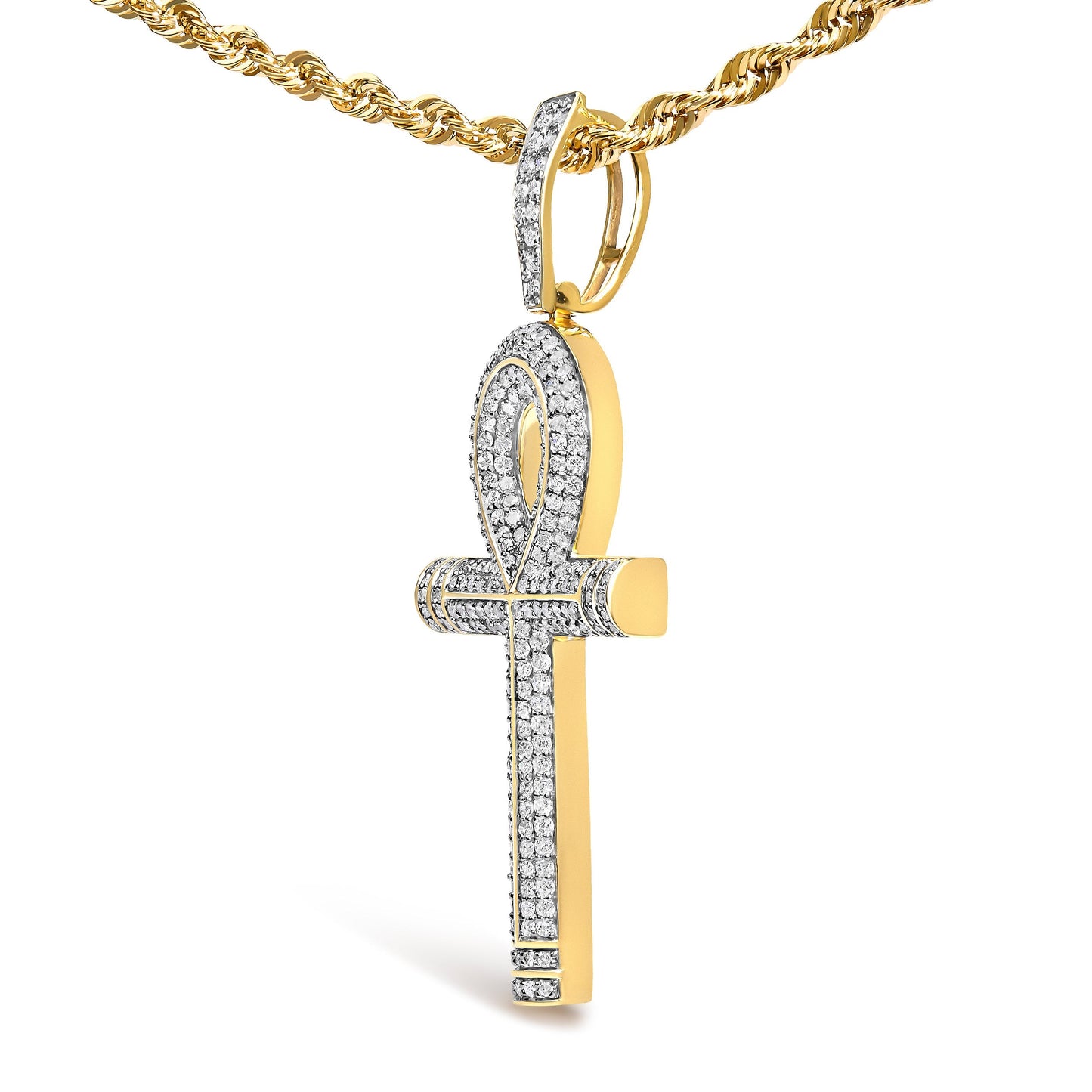 10K Yellow Gold 1 7/8 Cttw Round Diamond Ankh Men's Pendant Necklace Bids.com