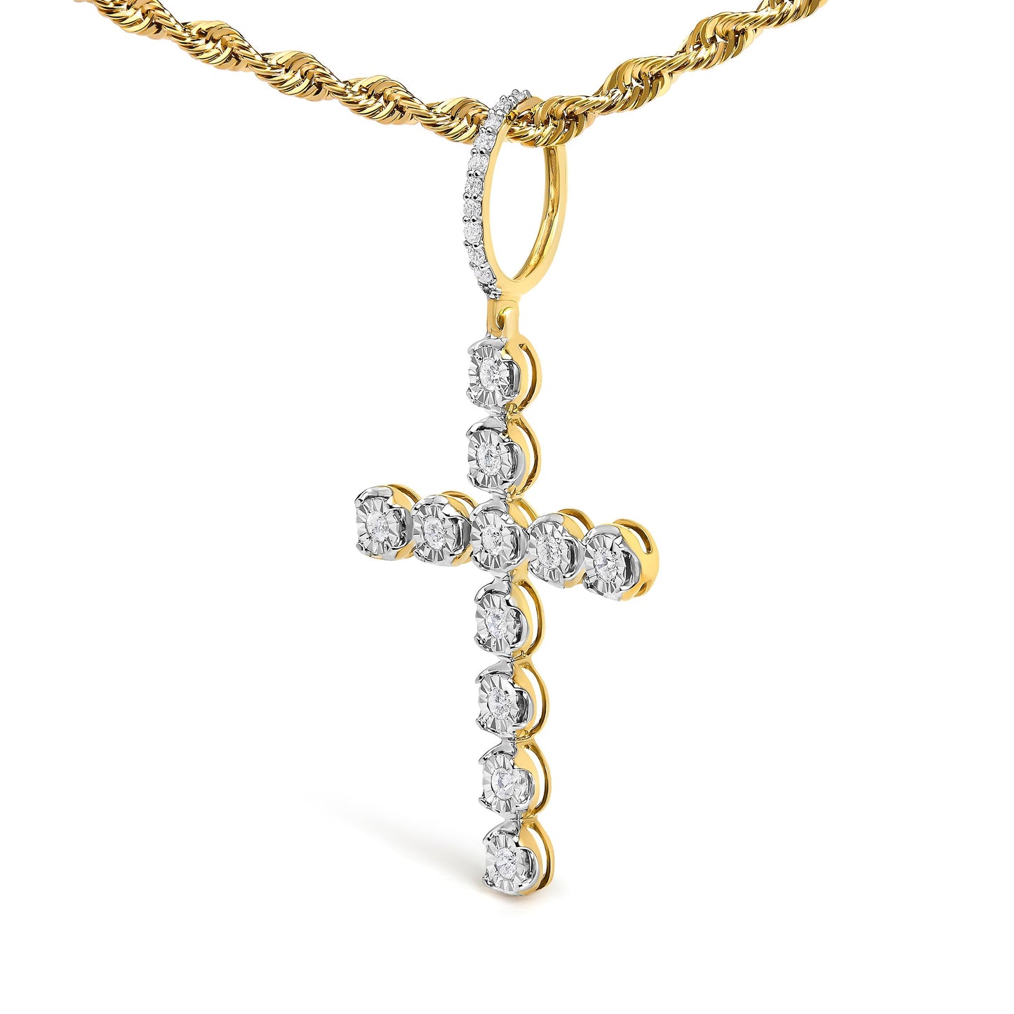 10K Yellow Gold 5/8 Cttw Miracle Set Round Diamond Circle Link Cross Men's Pendant Necklace Bids.com