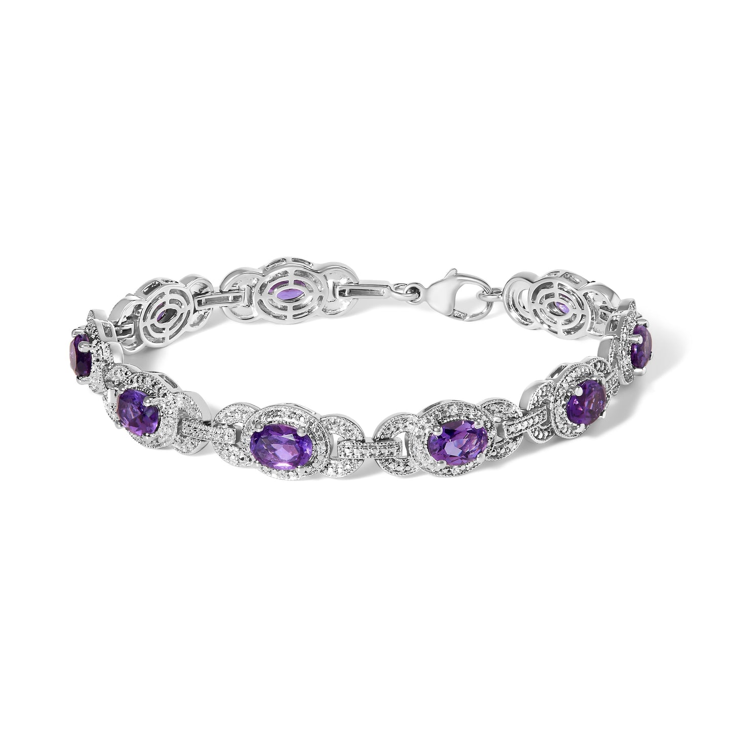 Sterling Silver Oval Purple Amethyst and Diamond Interlocking Halo Link Bracelet Bids.com