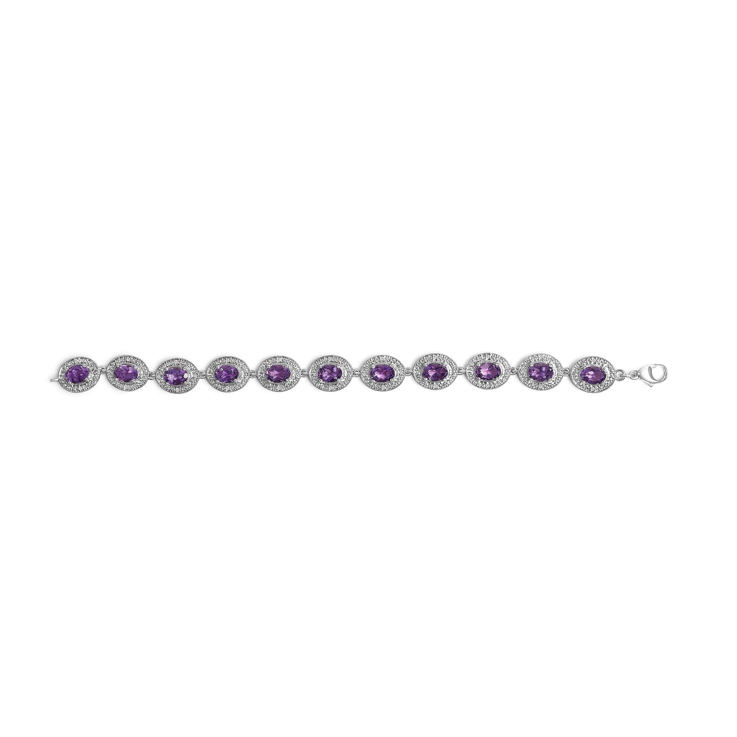 Sterling Silver 5x7 MM Oval Purple Amethyst & Diamond Halo Link Bracelet Bids.com