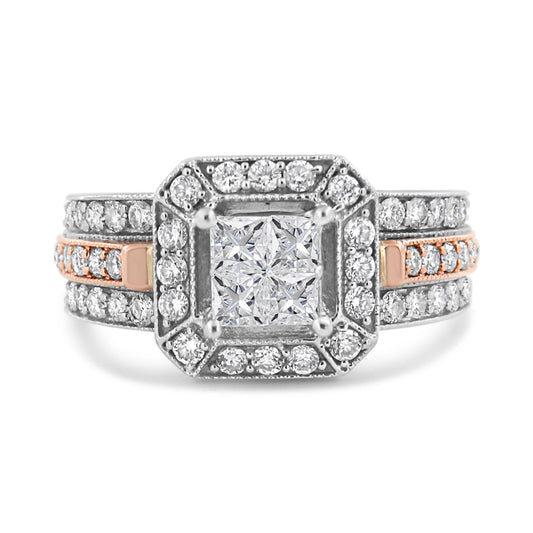 14K White and Rose Gold 1 1/8 Cttw Princess and Round-Cut Diamond Art Deco Style Triple Shank Halo Cocktail Ring (I-J Color, SI2-I1 Clarity) - Size 7 Bids.com