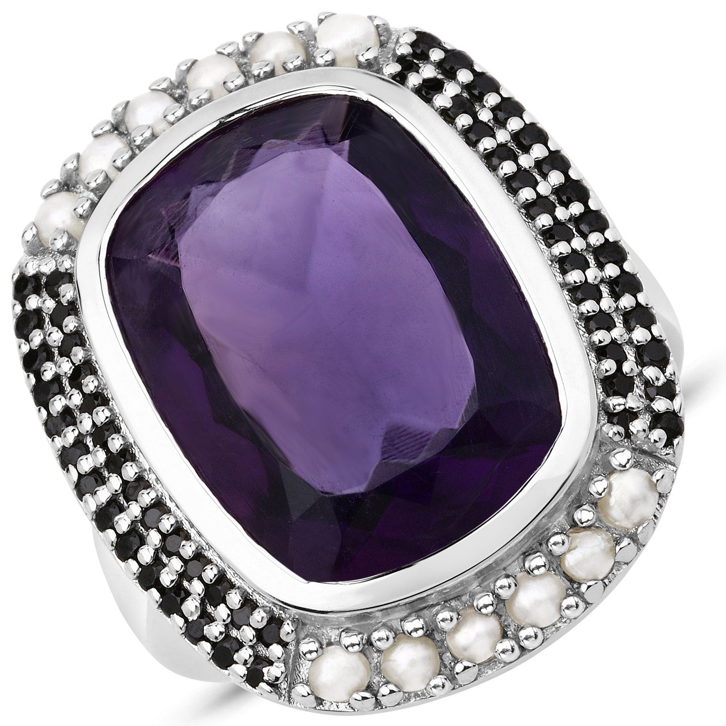 9.59 Carat Genuine Amethyst, Pearl and Black Spinel .925 Sterling Silver Ring Bids.com