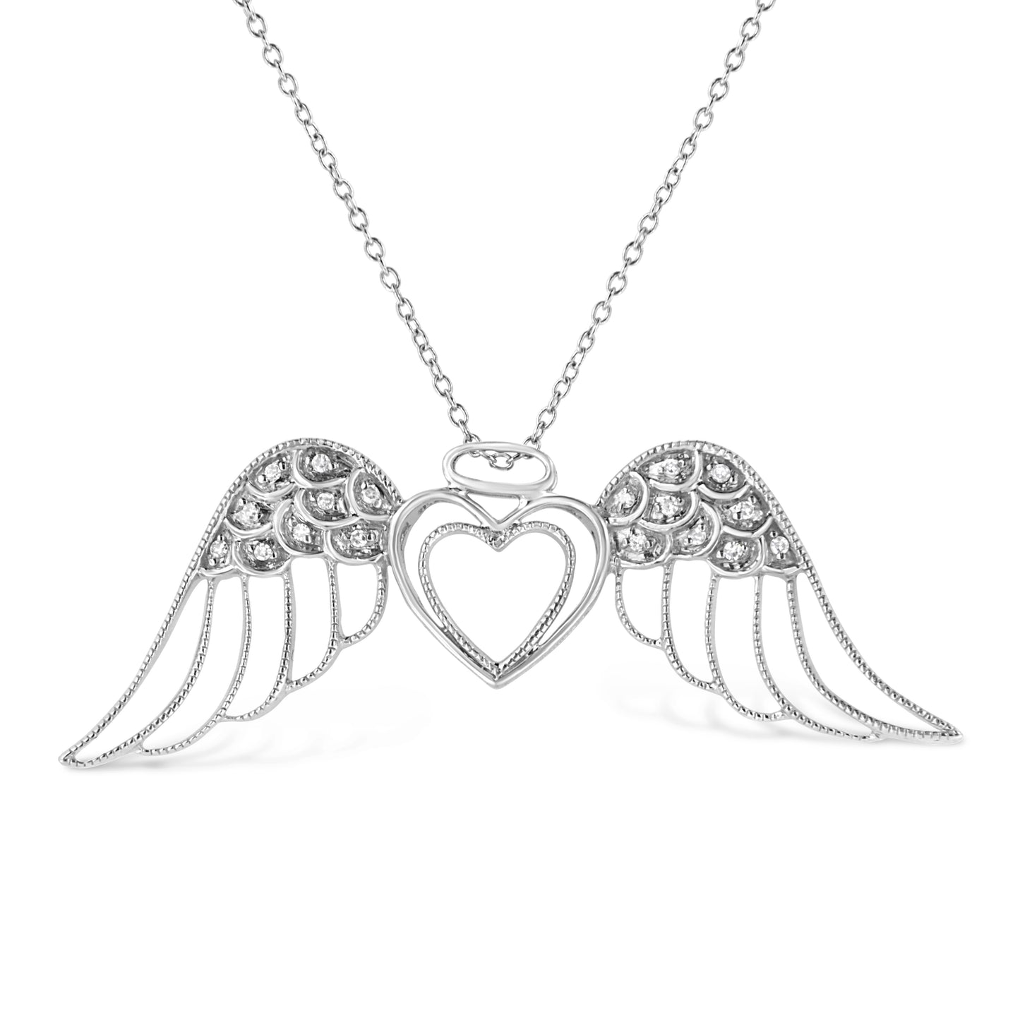 .925 Sterling Silver Pave-Set Diamond Accent Angel Wing 18" Double Heart Pendant Necklace (I-J Color, I1-I2 Clarity) Bids.com