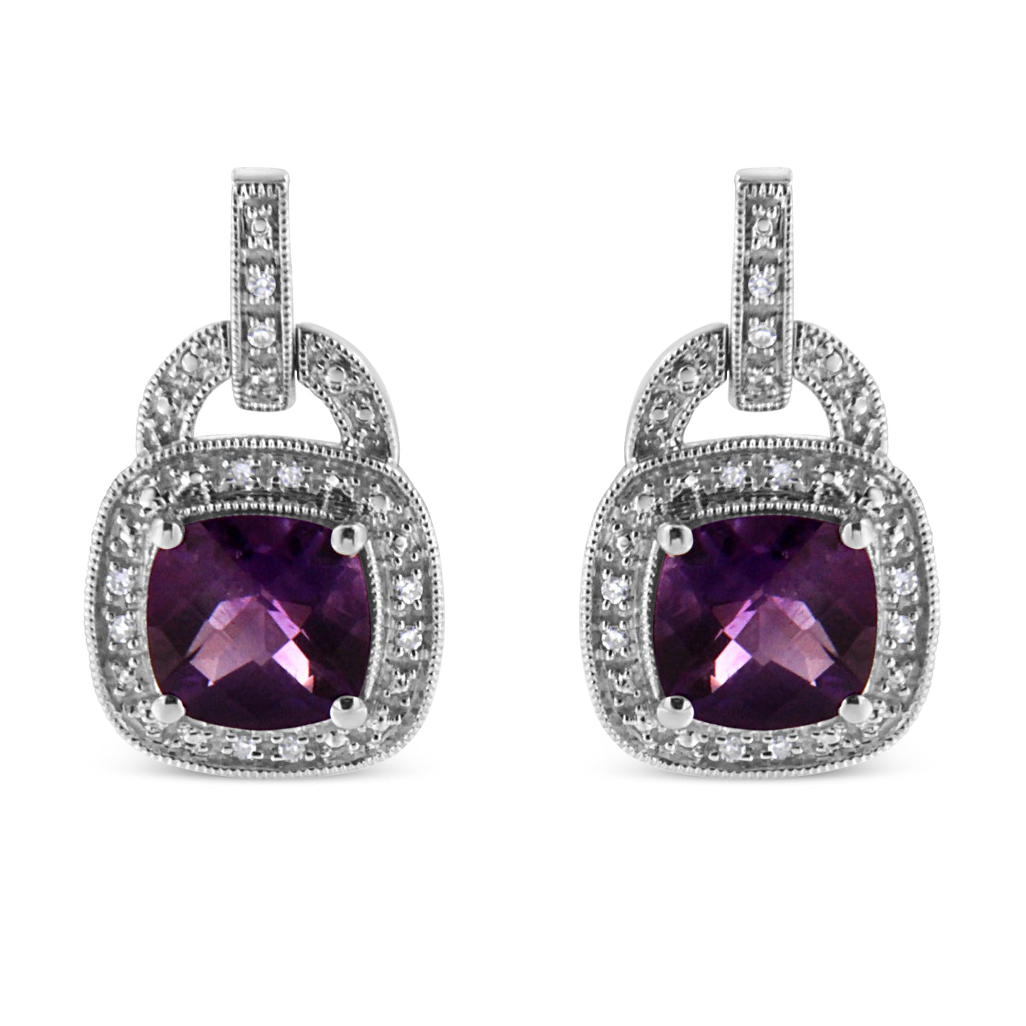 .925 Sterling Silver 8MM Natural Cushion Shaped Amethyst and Diamond Accent Halo with Push Back Dangle Earrings (I-J Color, I2-I3 Clarity) Bids.com