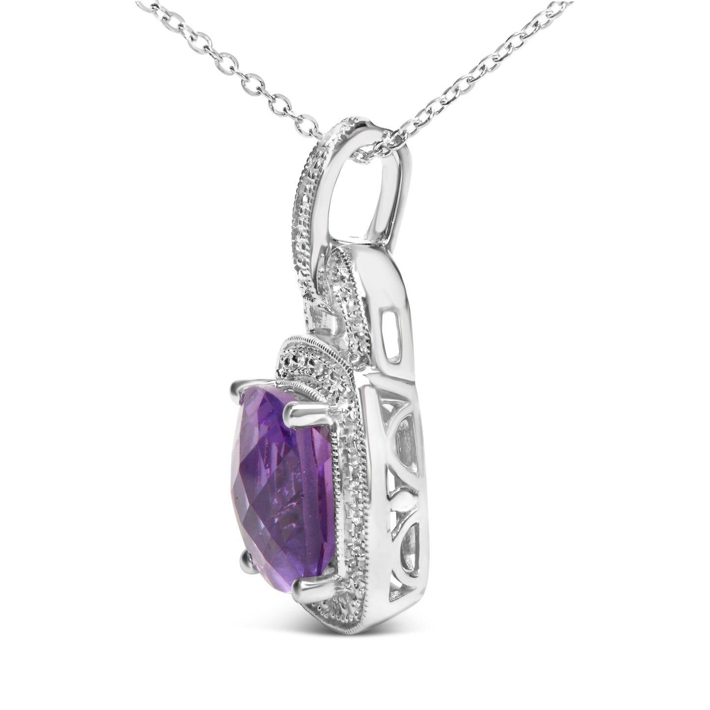.925 Sterling Silver 10X10 MM Cushion Purple Amethyst and Diamond Accent Halo 18" Pendant Necklace (I-J Color, I1-I2 Clarity) Bids.com