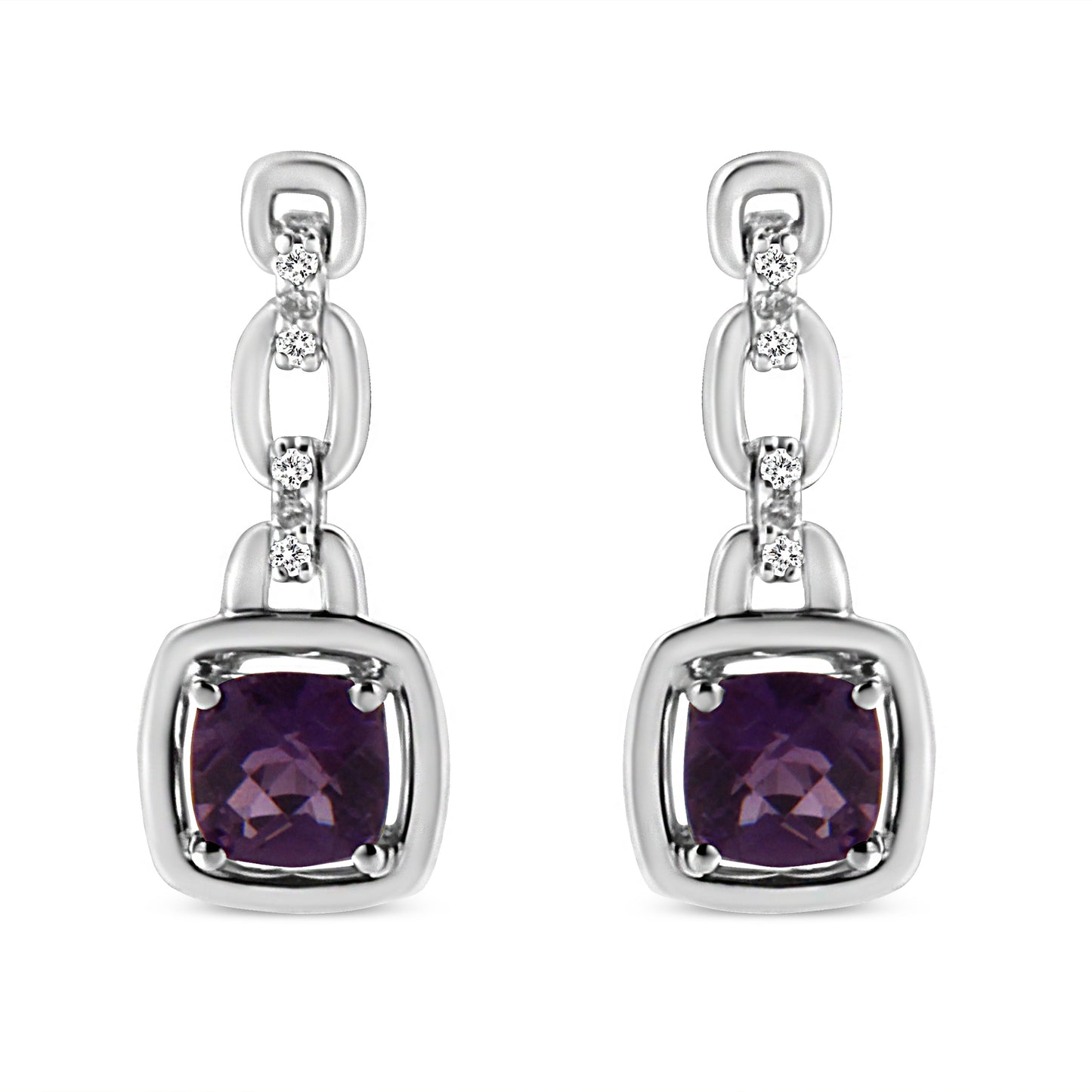 .925 Sterling Silver 6x6MM Cushion Shaped Natural Purple Amethyst and Diamond Accent Drop and Dangle Earrings (I-J Color, I1-I2 Clarity) Bids.com