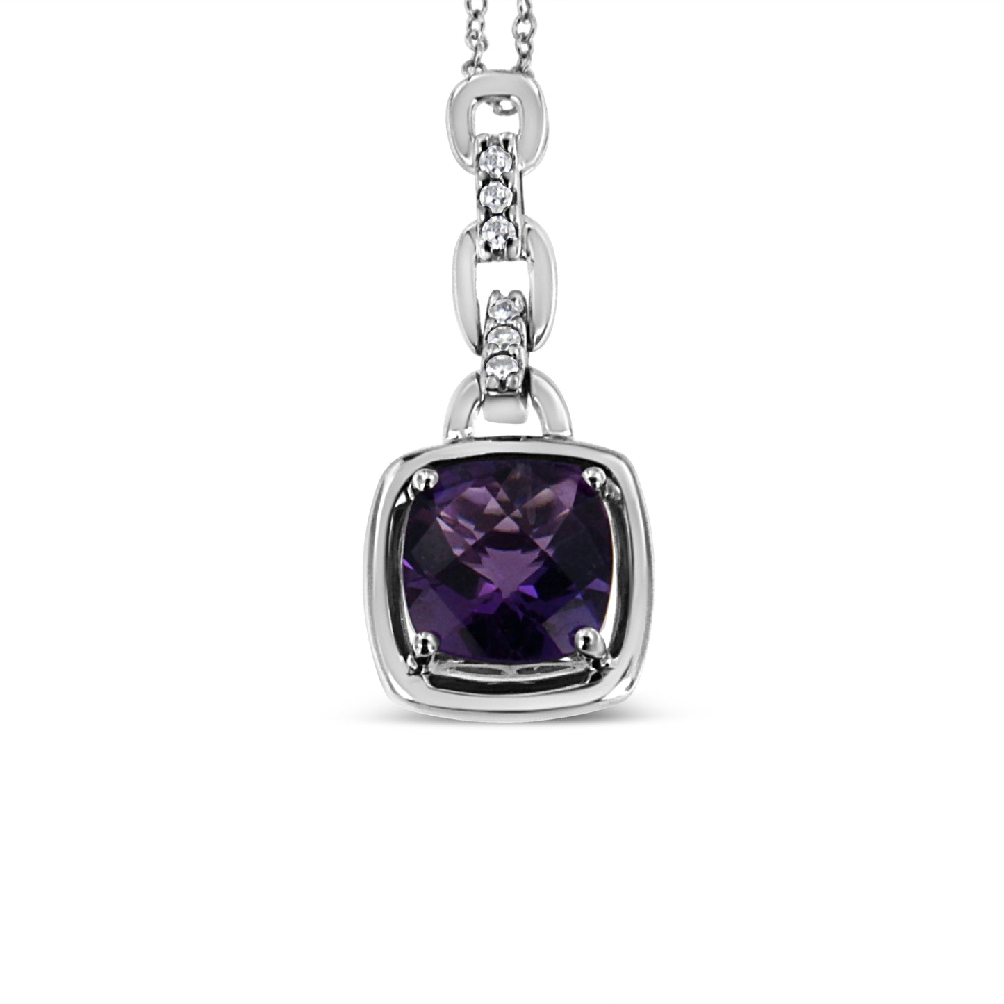 .925 Sterling Silver 6x6MM Cushion Shaped Natural Purple Amethyst and Diamond Accented Bale 18" Inch Pendant Necklace (I-J Color, I1-I2 Clarity) Bids.com