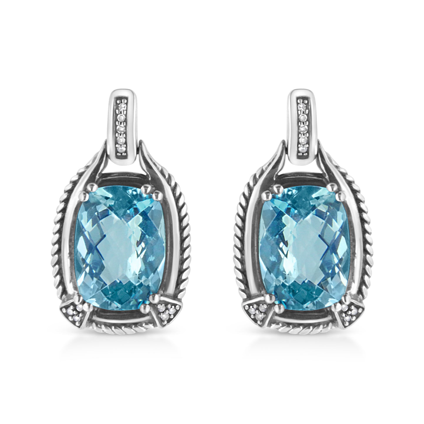 .925 Sterling Silver 14x10MM Cushion Cut Blue Topaz Gemstone and Diamond Accent Dangle Earring (I-J Color, I1-I2 Clarity) Bids.com