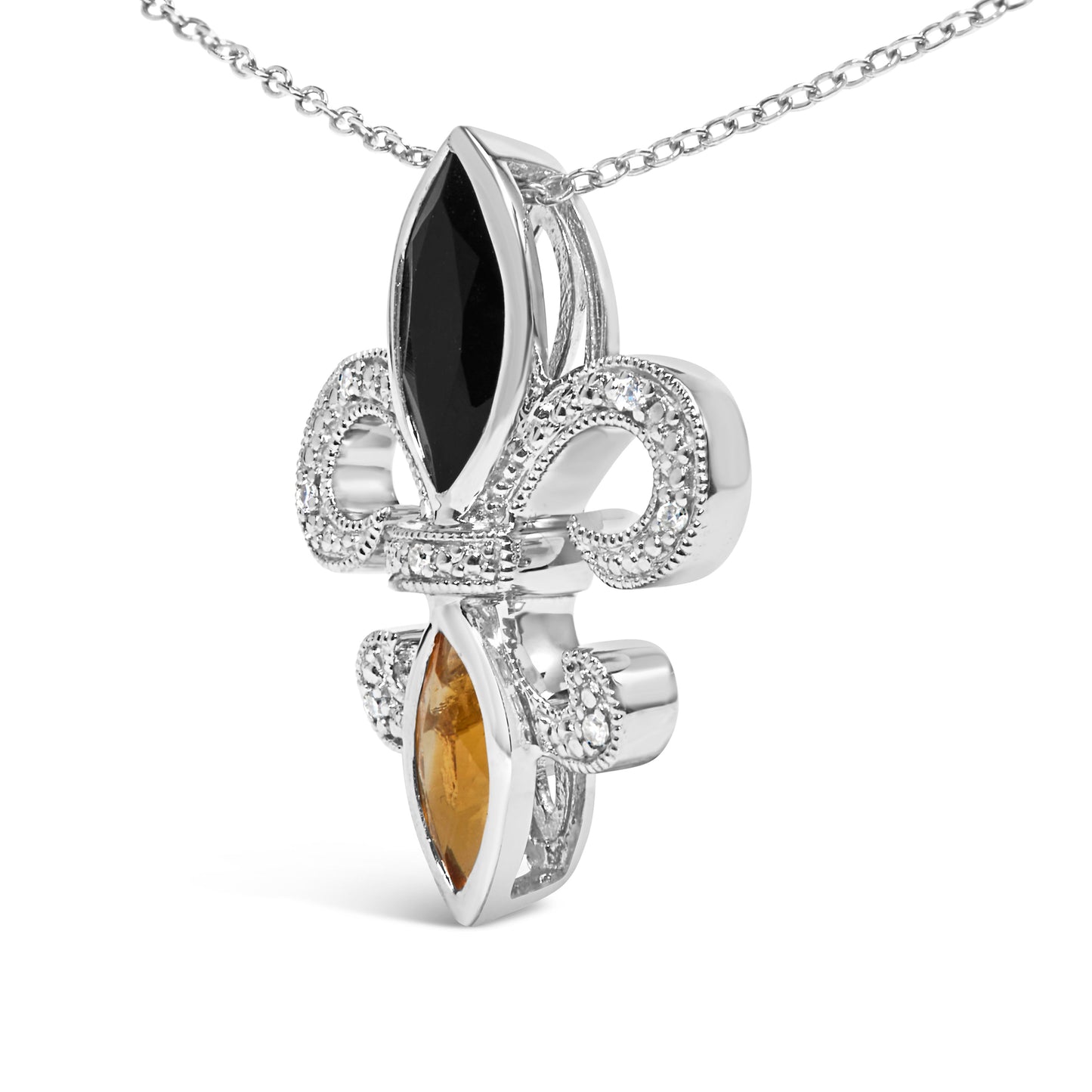 .925 Sterling Silver Marquise Onyx and Citrine and Diamond Accent Fleur De Lis Pendant Necklace (H-I Color, SI1-SI2 Clarity) - 18" Bids.com