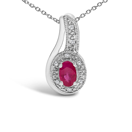 .925 Sterling Silver Red Ruby and Diamond Accent Milgrain Swirl Pendant Necklace - 18" Inches Bids.com