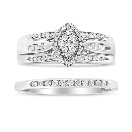 .925 Sterling Silver 1/2 Cttw Round and Baguette-Cut Diamond Engagement Bridal Set (I-J Color, I1-I2 Clarity) - Size 7 Bids.com