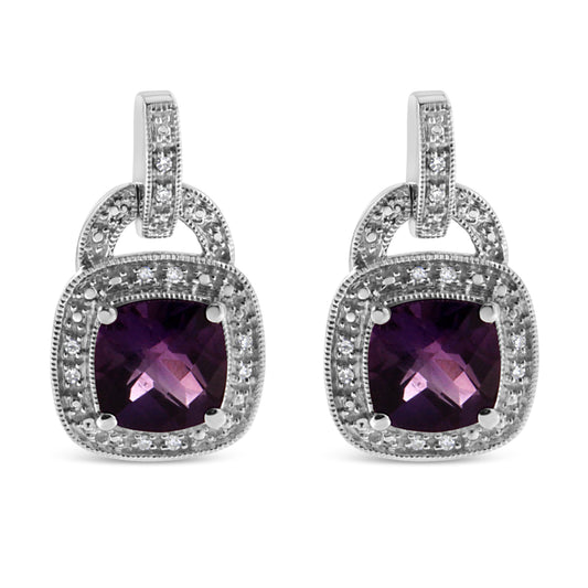 .925 Sterling Silver 8MM Natural Cushion Shaped Amethyst and Diamond Accent Halo with Push Back Dangle Earrings (I-J Color, I2-I3 Clarity) Bids.com
