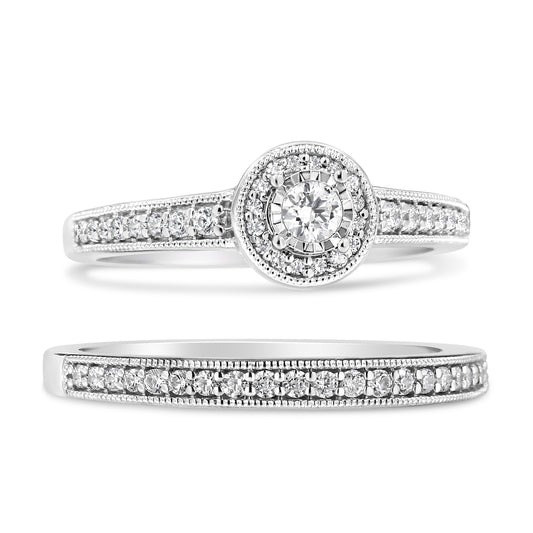 .925 Sterling Silver 1/2 Ctw Diamond Halo and Milgrain Engagement Ring Bridal Set (I-J Color, I3 Clarity) - Ring Size 7 Bids.com